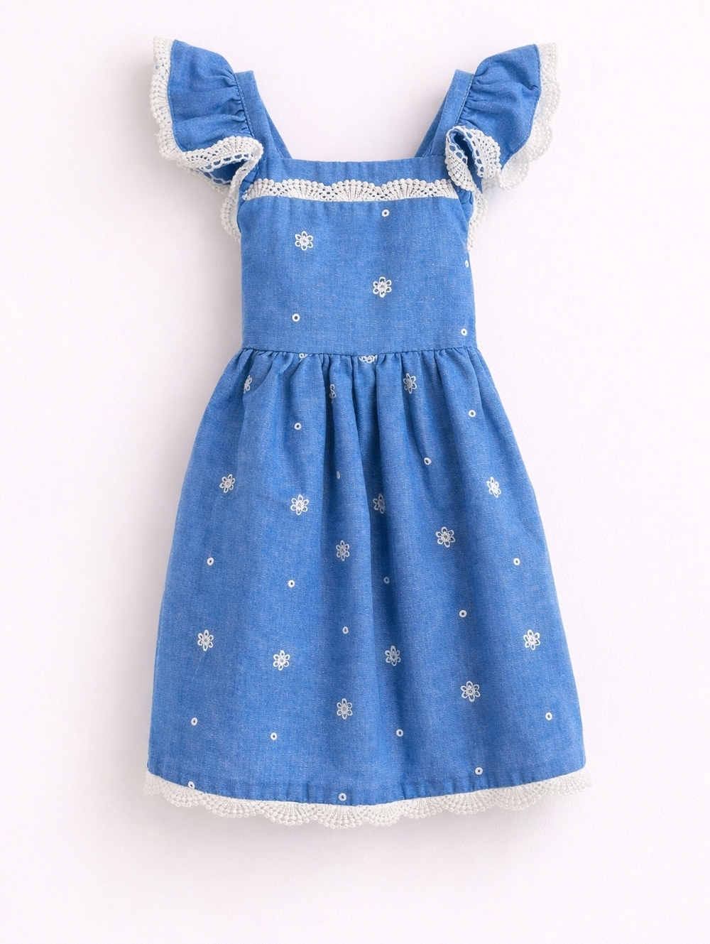 Blueberi Boulevard, Girls 2T, Blue Embroidered Dress Lace Trim Flutter Sleeves